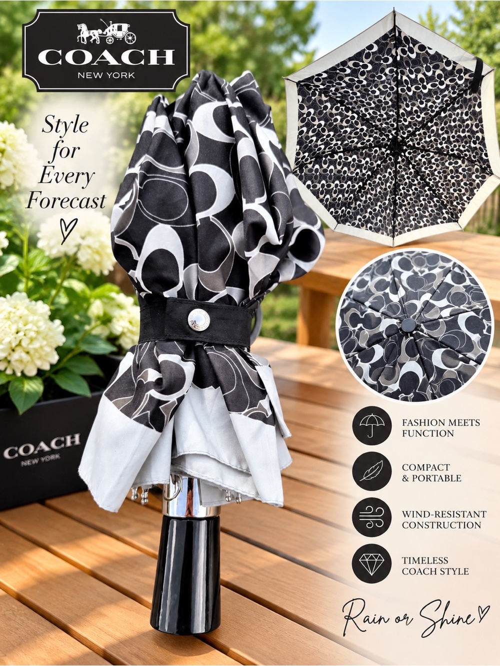 Coach Signature Monogram Compact Umbrella Black, White & Grey